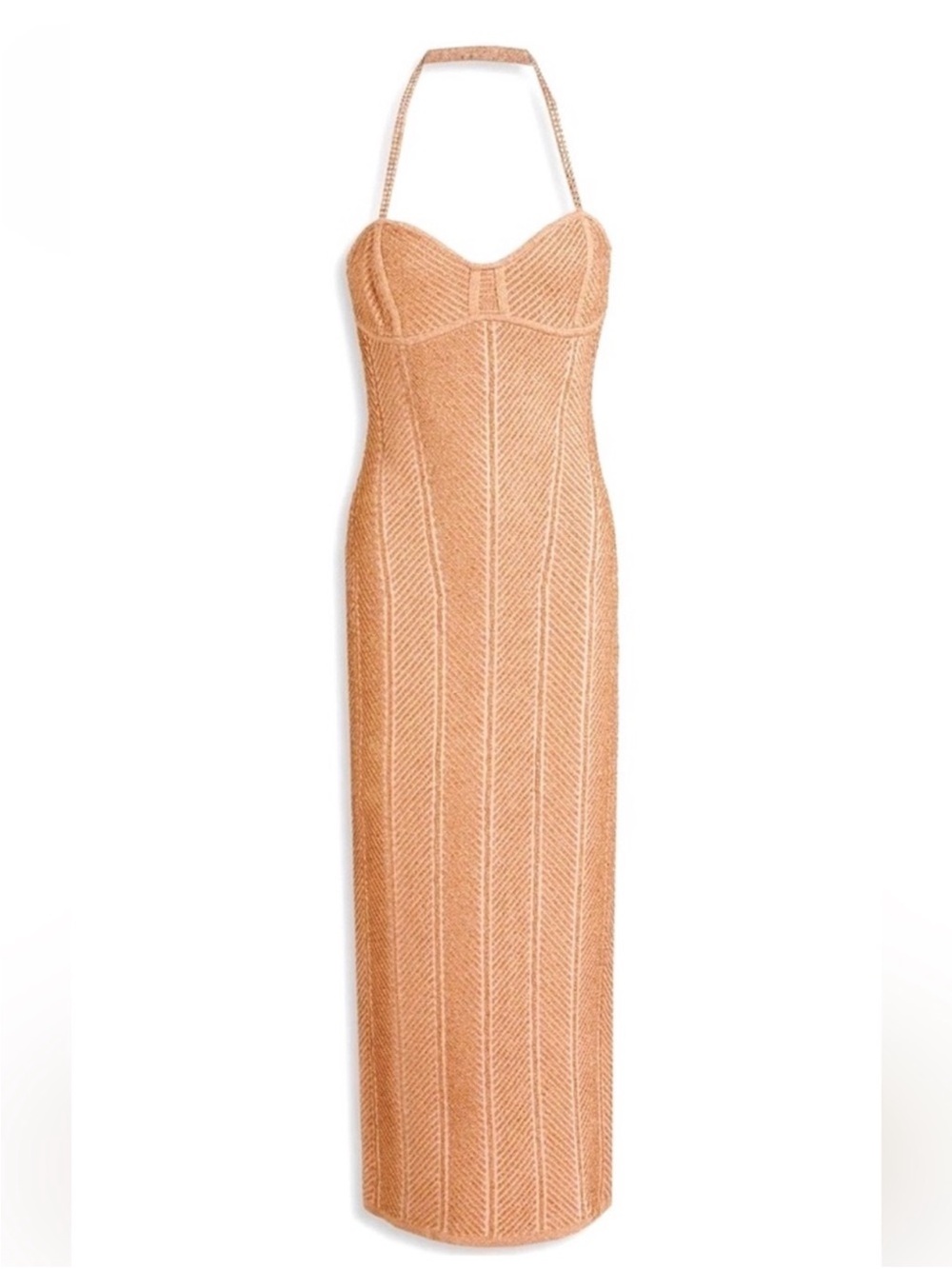 Herve Leger Strapless Rose Gold Bandage Midi Dress with Embellished Strap